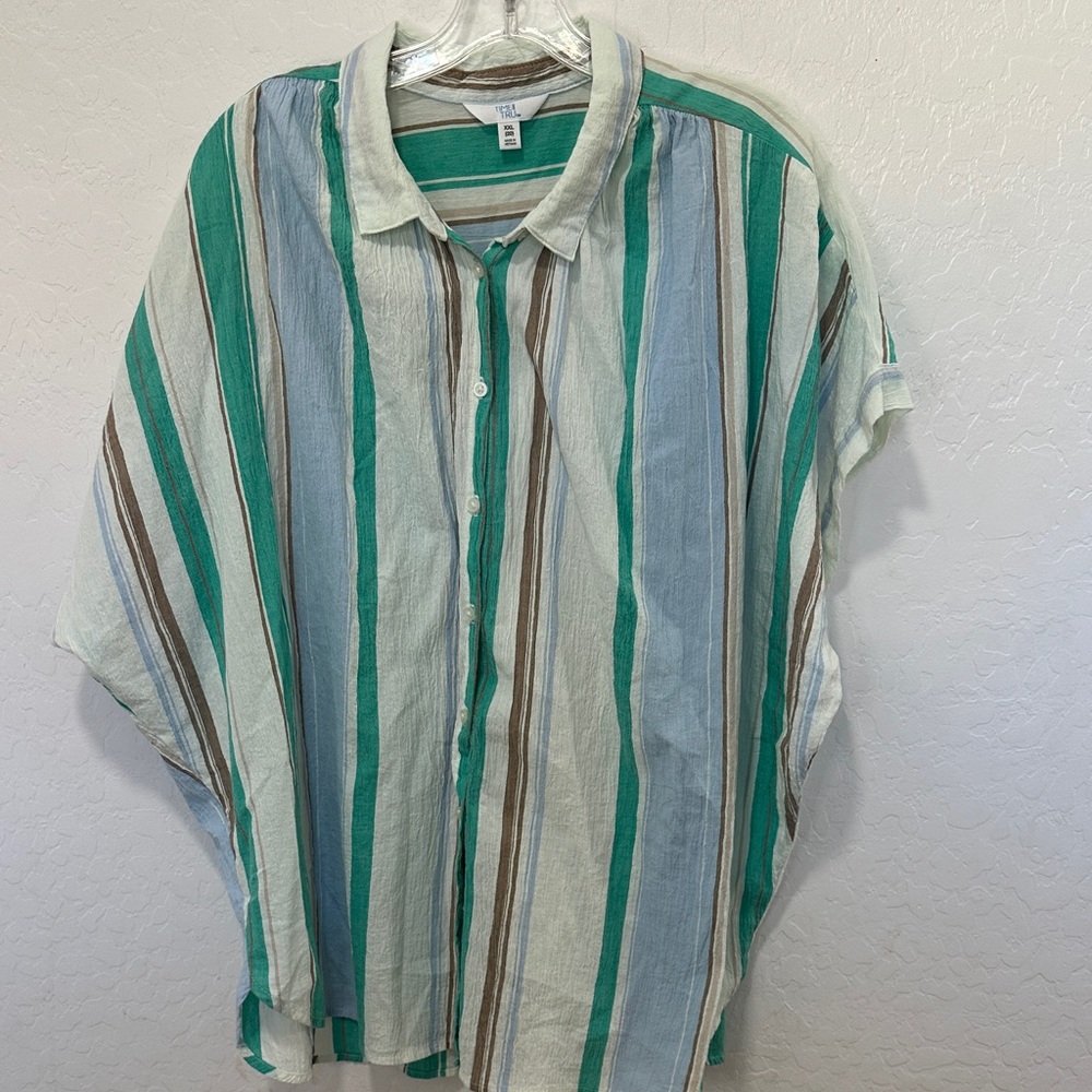 retro Blouse Shirt Women's‎  plus Size xxl 20 Green Striped Cap Sleeve Buttoned